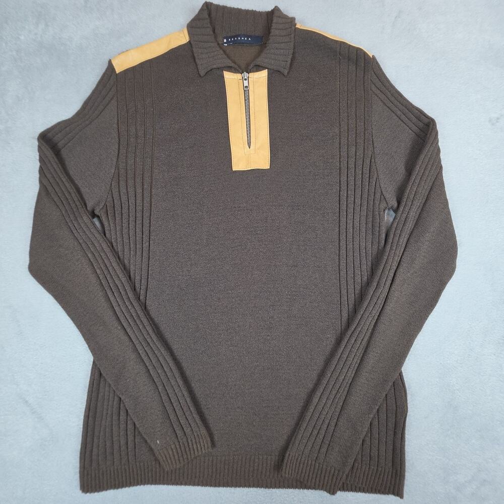 BECOMEA Italy Mens XL Brown Knit Sweater Leather Trim 1/4 Zip Pullover